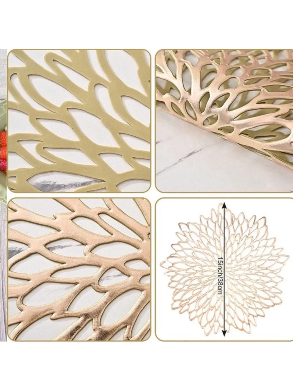 Gold Vinyl Placemats Set of 8 Round Floral Leaf Dining Modern Table Place Mats